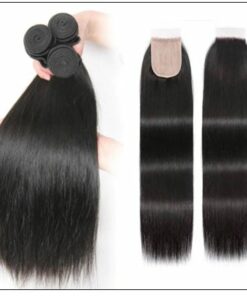3 Bundles and Free Part Pu Scalp Closure Straight Virgin Malaysian Hair Natural Black Color img 3-min