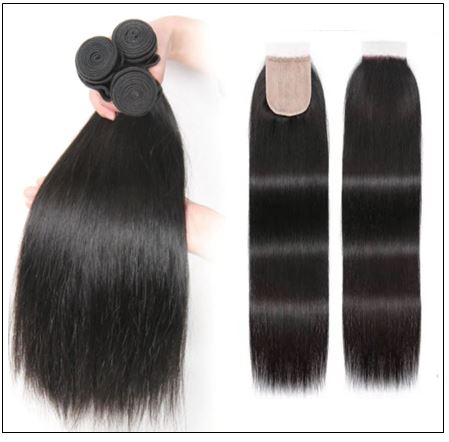 3 Bundles and Free Part Pu Scalp Closure Straight Virgin Malaysian Hair Natural Black Color img 3-min