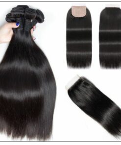 3 Bundles and Free Part Pu Scalp Closure Straight Virgin Malaysian Hair Natural Black Color img 4-min