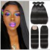 3 Bundles and Free Part Pu Scalp Closure Straight Virgin Malaysian Hair Natural Black Color img-min