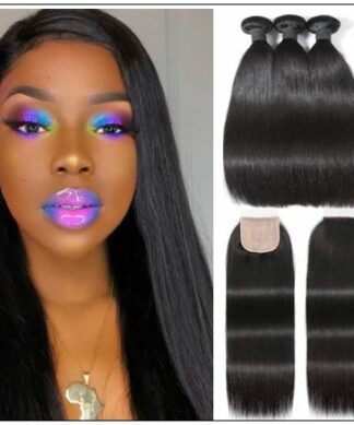 3 Bundles and Free Part Pu Scalp Closure Straight Virgin Malaysian Hair Natural Black Color img-min