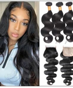 3 bundles body wave with PU skin base closure pieces 4×4 human hair closure natural black img
