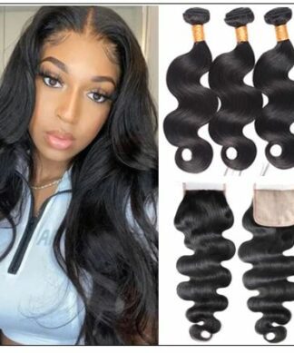 3 bundles body wave with PU skin base closure pieces 4×4 human hair closure natural black img