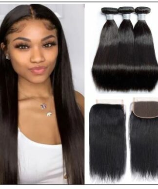 3pcs Malaysian straight virgin hair bundles with lace closure IMG-min