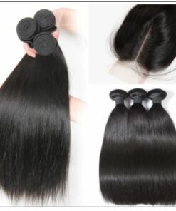 5x5 HD Lace Closure with 3 Bundles Deep Parting Straight Human Hair Weaves With Transparent Lace Closure img 2-min