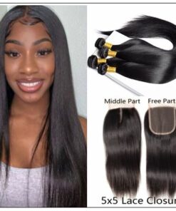 5x5 HD Lace Closure with 3 Bundles Deep Parting Straight Human Hair Weaves With Transparent Lace Closure img-min