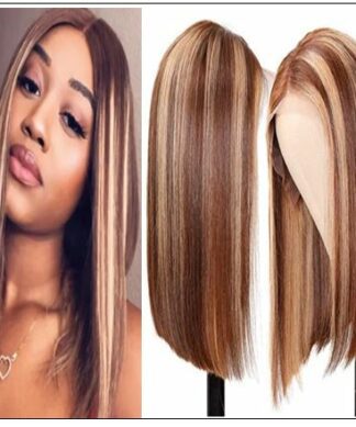 13x4 Highlight Straight Bob Lace Front Human Hair Wigs 150% Density Ombre Color Pre Plucked with Baby Hair Lace Frontal Wigs img-min