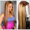 13x4 Straight Honey Blond Ombre Color Highlight 150% Lace Front Human Hair Wigs for Women Invisible Pre Plucked img
