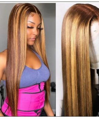 13x4 Straight Honey Blond Ombre Color Highlight 150% Lace Front Human Hair Wigs for Women Invisible Pre Plucked img