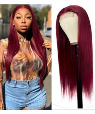 99j Lace Part Human Hair Wigs Burgundy Virgin Straight Hand Tied Hair Line Lace Wig Pre Plucked Colored Wig for Women 150% img-min