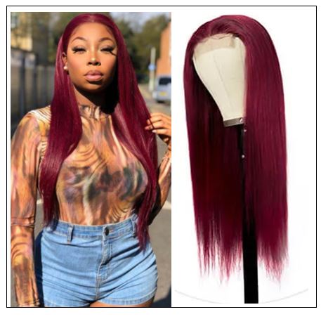 99j Lace Part Human Hair Wigs Burgundy Virgin Straight Hand Tied Hair