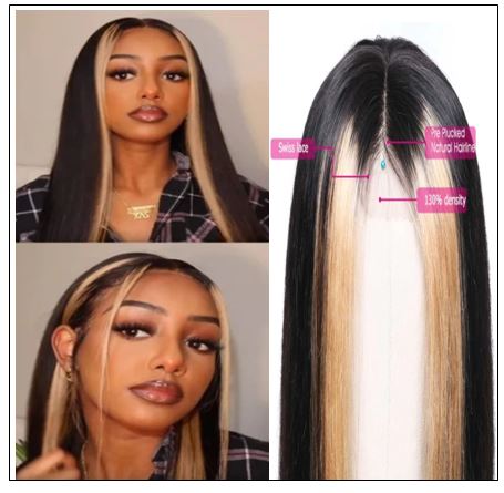Highlight Ombre TL27 Straight Human Hair Lace Part Wigs 150 Density 4 min