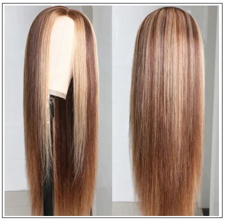 Highlight Straight Human Hair Wigs Honey Blonde Brown PU Silk Base TL412 Wig 150% Density img 3-min