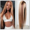 Highlight Straight Human Hair Wigs Honey Blonde Brown PU Silk Base TL412 Wig 150% Density img-min