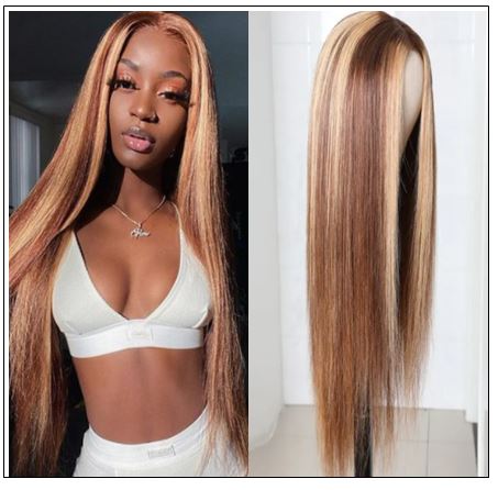 Highlight Straight Human Hair Wigs Honey Blonde Brown PU Silk Base TL412 Wig 150% Density img-min