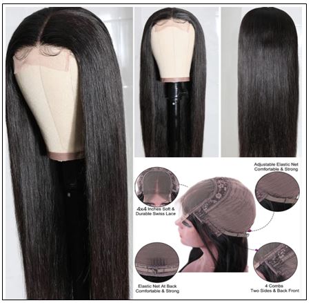 Straight Human Hair 4x4 Lace Closure Wig Natural Black Human Hair Lace Wigs for Black Women img 2-min