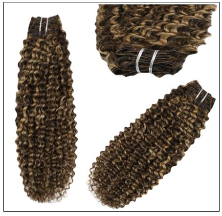 Kinky Curly Hair Extensions Real Human Hair Brown #4 Highlighted with Caramel Blonde #27 img 2-min