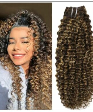 Kinky Curly Hair Extensions Real Human Hair Brown #4 Highlighted with Caramel Blonde #27 img-min