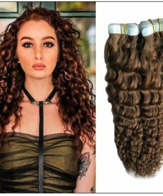 Kinky Curly Tape in Hair Extensions Long Glue Hair Extensions Human Hair 6# Dark Chocolate Brown img-min