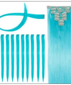 Sky Blue Straight Clip In Human Hair Extensions 2-min