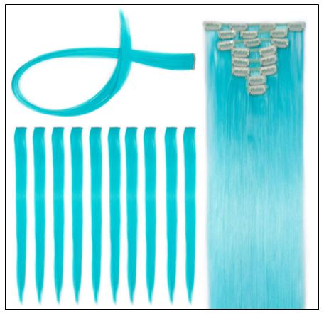 Sky Blue Straight Clip In Human Hair Extensions 2-min