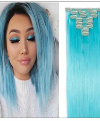 Sky Blue Straight Clip In Human Hair Extensions img-min