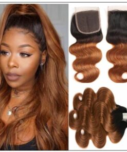 1B 30 Brown Color Brazilian Body Wave With Closure Full Head Evan Hair Ombre Body Hair Bundles Closure img-min