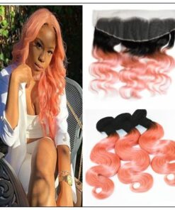 Brazilian Rose Gold Pink Ombre Body Wave Hair Bundles Lace Frontal img