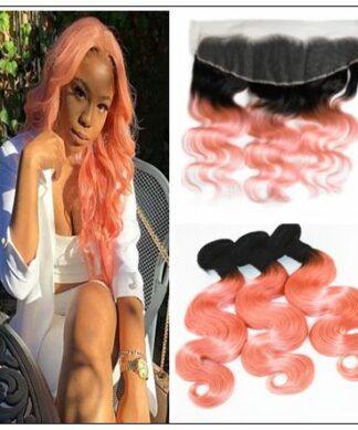 Brazilian Rose Gold Pink Ombre Body Wave Hair Bundles Lace Frontal img