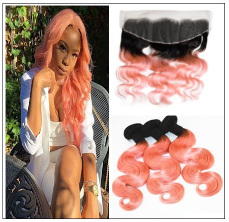 Brazilian Rose Gold Pink Ombre Body Wave Hair Bundles Lace Frontal img