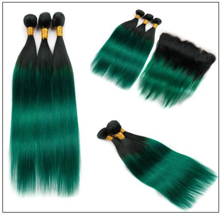 Straight Ombre Pre Colored 2 Tone Green Human Hair Bundles With Frontal 2-min