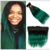 Straight Ombre Pre Colored 2 Tone Green Human Hair Bundles With Frontal img-min
