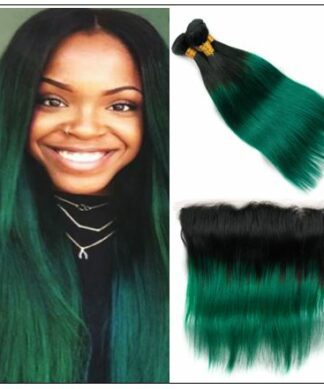 Straight Ombre Pre Colored 2 Tone Green Human Hair Bundles With Frontal img-min