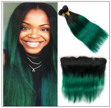 Straight Ombre Pre Colored 2 Tone Green Human Hair Bundles With Frontal