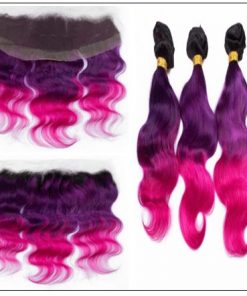 Three Tone #1b Purple Pink Ombre Virgin Human Hair Weaves with Frontal 2-min