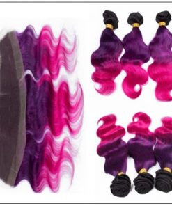 Three Tone #1b Purple Pink Ombre Virgin Human Hair Weaves with Frontal 3-min