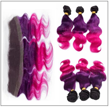 Three Tone #1b Purple Pink Ombre Virgin Human Hair Weaves with Frontal 3-min