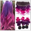Three Tone #1b Purple Pink Ombre Virgin Human Hair Weaves with Frontal img-min