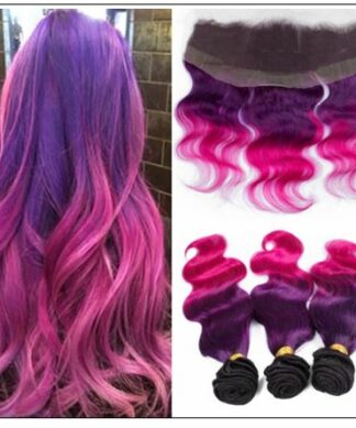 Three Tone #1b Purple Pink Ombre Virgin Human Hair Weaves with Frontal img-min