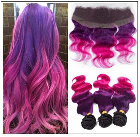 Three Tone #1b Purple Pink Ombre Virgin Human Hair Weaves with Frontal img-min