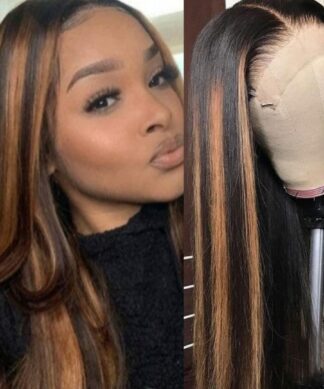 Black wig with brown highlights long straight 1