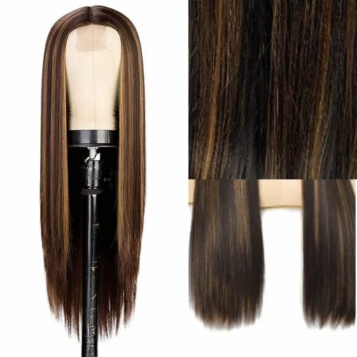 Black wig with brown highlights long straight 2