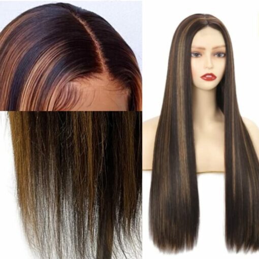 Black wig with brown highlights long straight 3