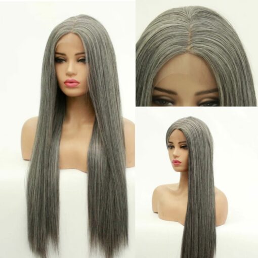 Mixed Gray Lace Front Wigs Long Straight 3
