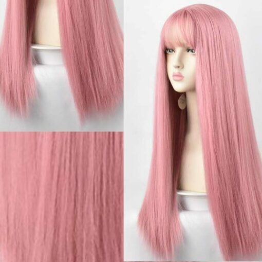 Pink Wig With Bangs-Long Straight 2