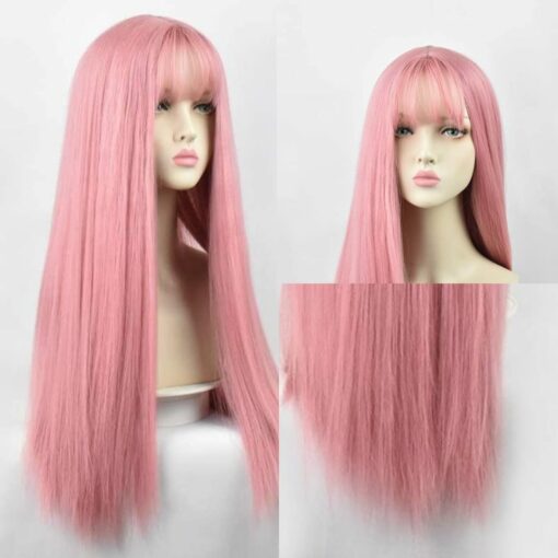 Pink Wig With Bangs Long Straight 3