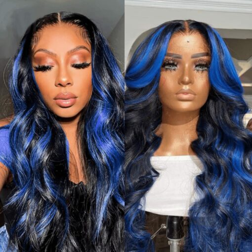 Black and blue lace wig long curly 1