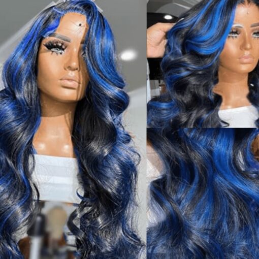 Black and blue lace wig long curly 3