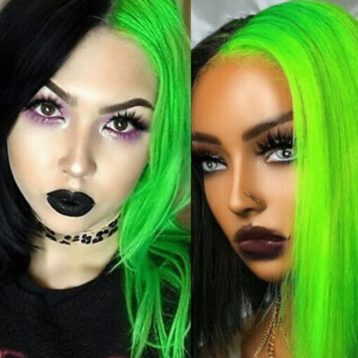 Black and green wig Long straight 1