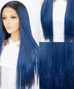 Blue ombre lace front wig long straight 3